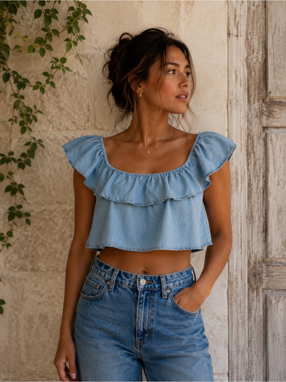 Women's Blue Ruffle Off-Shoulder Top